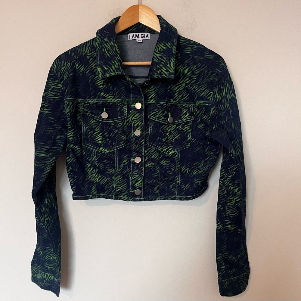 I.AM.GIA Sinead Cropped Denim Jacket Green Tiger Print XS Screen Worn IWTV - Picture 2 of 9
